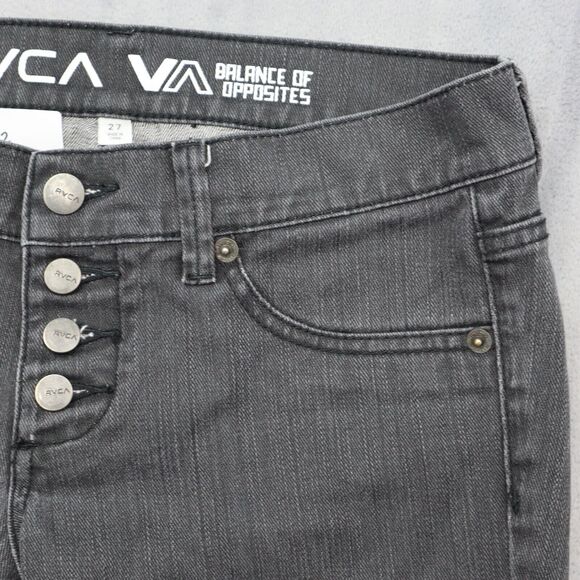 RVCA Pants Womens 27 Black Low Rise Single Row Button Straight Leg Denim Jeans - Picture 10 of 16